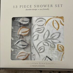 Eco-Friendly Fabric 13-Piece Shower Set - Gray and Gold Leaves Hooks too nwt
